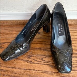 Stuart Weitzman Black Snakeskin Embossed Block Heel Pumps